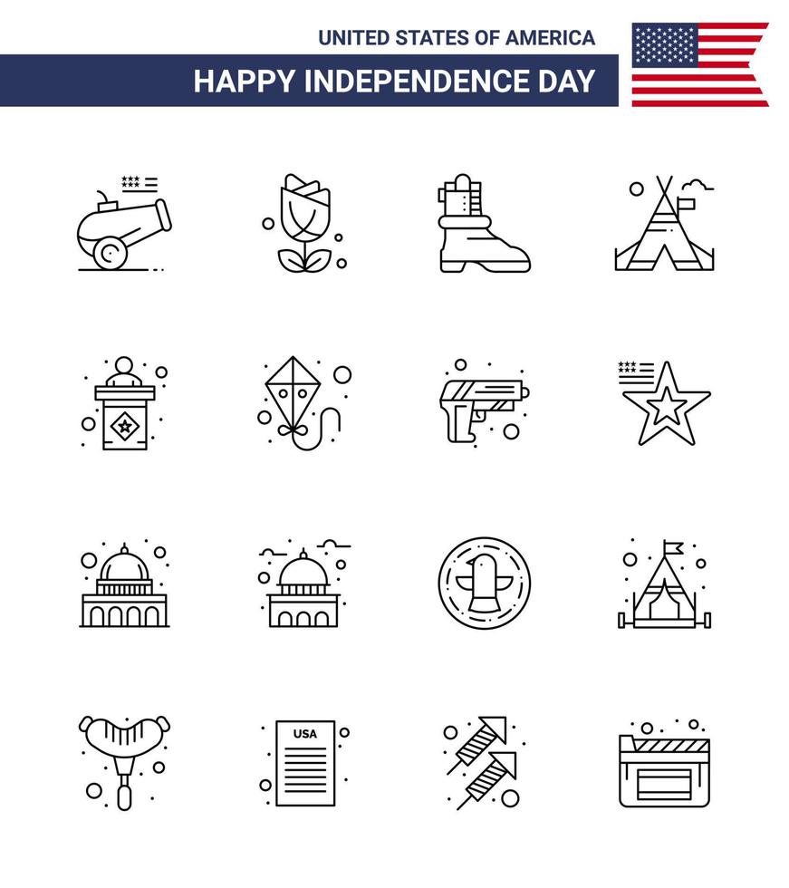 Happy Independence Day Pack of 16 Lines Signs and Symbols for stage usa shose american tent Editable USA Day Vector Design Elements