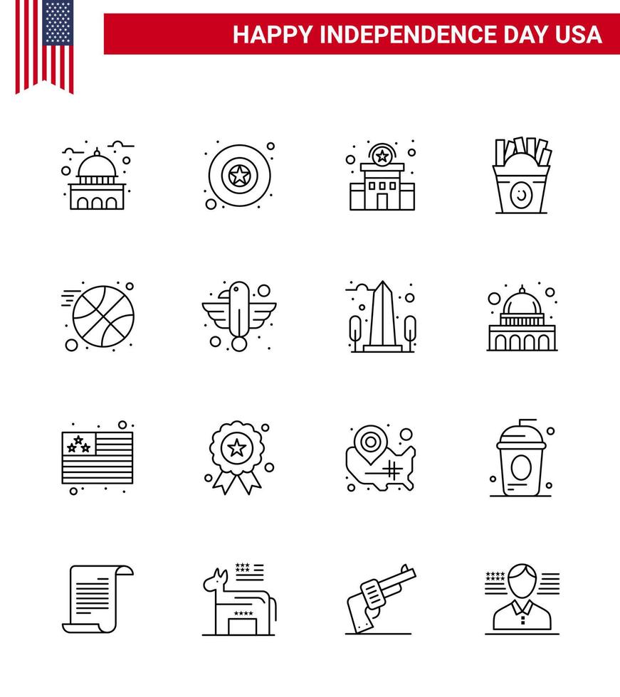 16 Line Signs for USA Independence Day ball usa building food frise Editable USA Day Vector Design Elements
