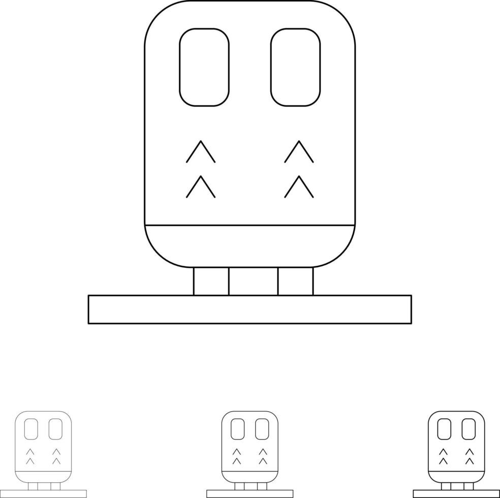 conjunto de iconos de línea negra audaz y delgada de transporte de tren de regreso vector