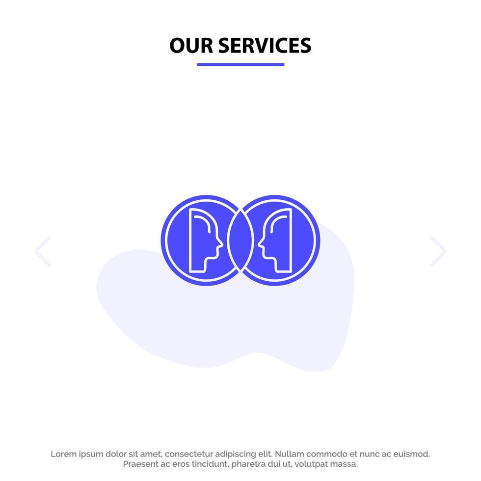 Our Services Coin Face Dual Duplicate Man Solid Glyph Icon Web card Template vector