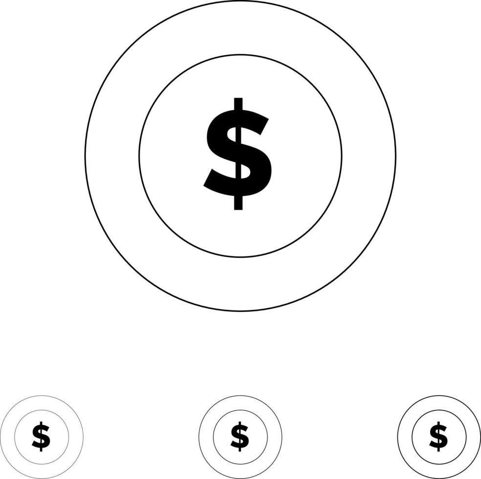 dólar moneda logística global negrita y delgada línea negra conjunto de iconos vector