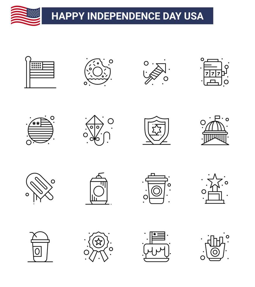 Happy Independence Day Pack of 16 Lines Signs and Symbols for flag game fire work slot casino Editable USA Day Vector Design Elements