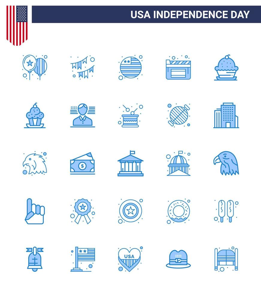 4th July USA Happy Independence Day Icon Symbols Group of 25 Modern Blues of muffin cake garland film cinema Editable USA Day Vector Design Elements