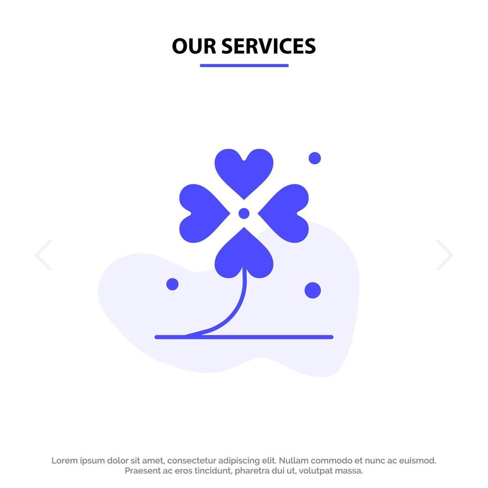 Our Services Clover Four Ireland Irish Lucky Solid Glyph Icon Web card Template vector