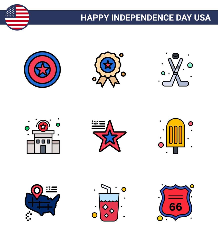 Pack of 9 USA Independence Day Celebration Flat Filled Lines Signs and 4th July Symbols such as food usa building flag star Editable USA Day Vector Design Elements