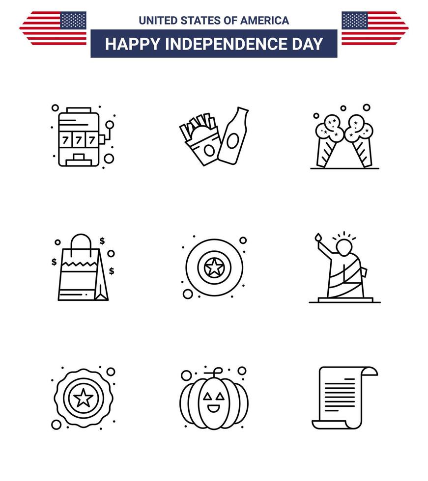 9 iconos creativos de estados unidos signos de independencia modernos y símbolos del 4 de julio de insignia de estrella bolso americano de hielo elementos de diseño de vector de día de estados unidos editables