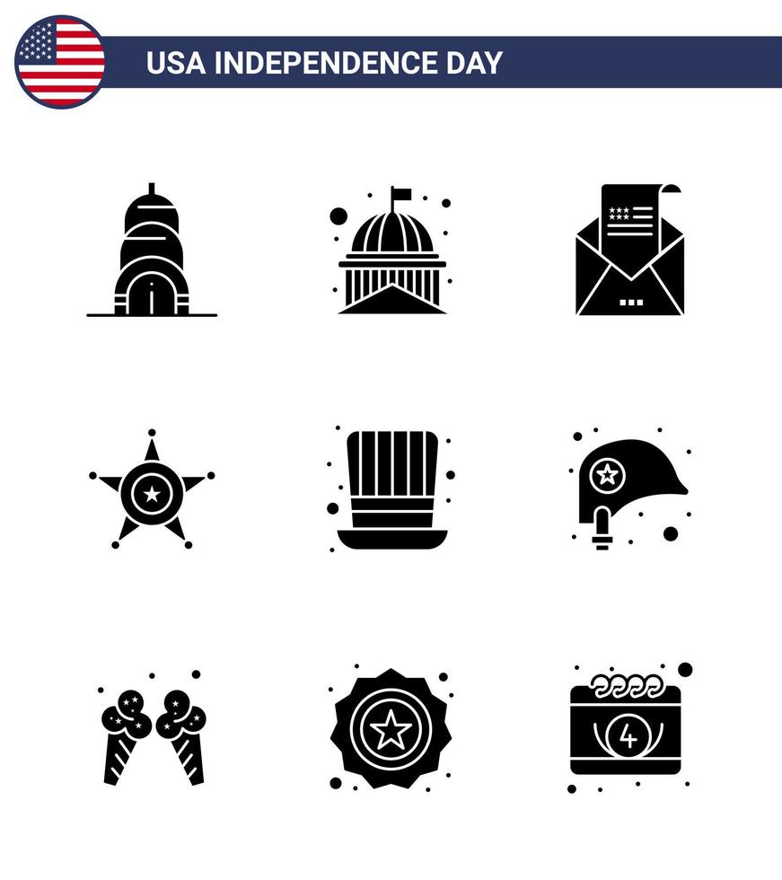 Pack of 9 USA Independence Day Celebration Solid Glyphs Signs and 4th July Symbols such as day star email police mail Editable USA Day Vector Design Elements