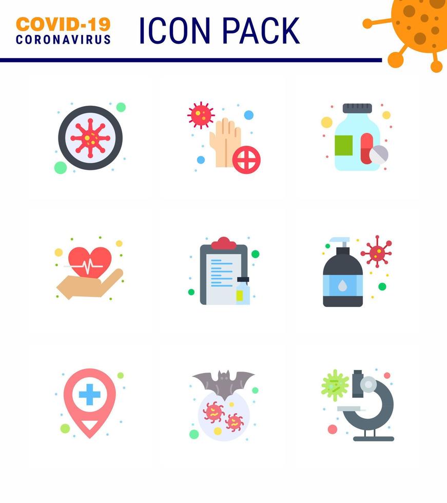 Corona virus disease 9 Flat Color icon pack suck as medicine drug bacteria love care viral coronavirus 2019nov disease Vector Design Elements