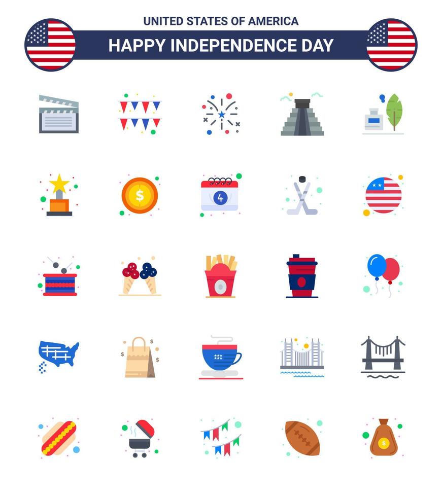 Group of 25 Flats Set for Independence day of United States of America such as ink bottle adobe fire usa landmark Editable USA Day Vector Design Elements