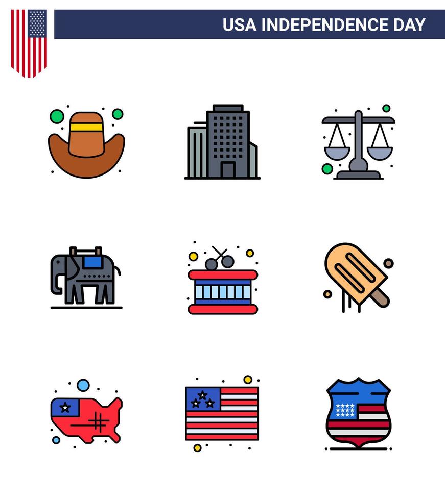Big Pack of 9 USA Happy Independence Day USA Vector Flat Filled Lines and Editable Symbols of cream sticks law instrument usa Editable USA Day Vector Design Elements