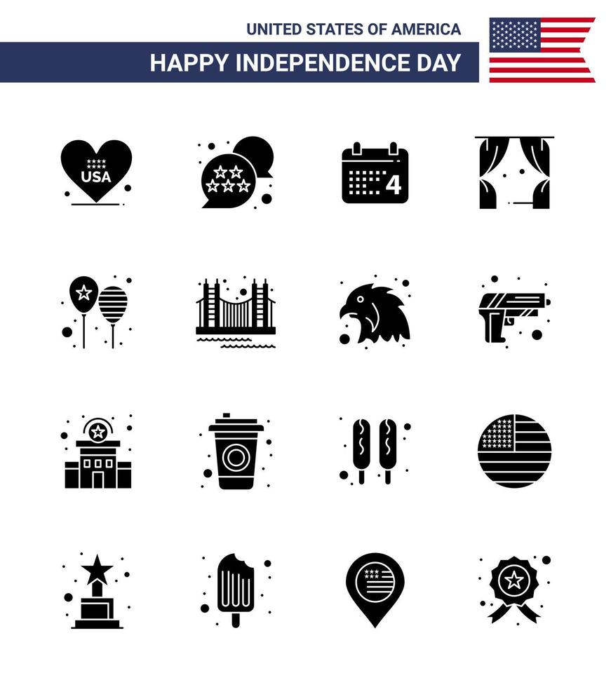 16 signos de glifos sólidos para el día de la independencia de EE. UU. Celebre el entretenimiento del teatro del calendario de EE. UU. Elementos de diseño vectorial del día de EE. vector