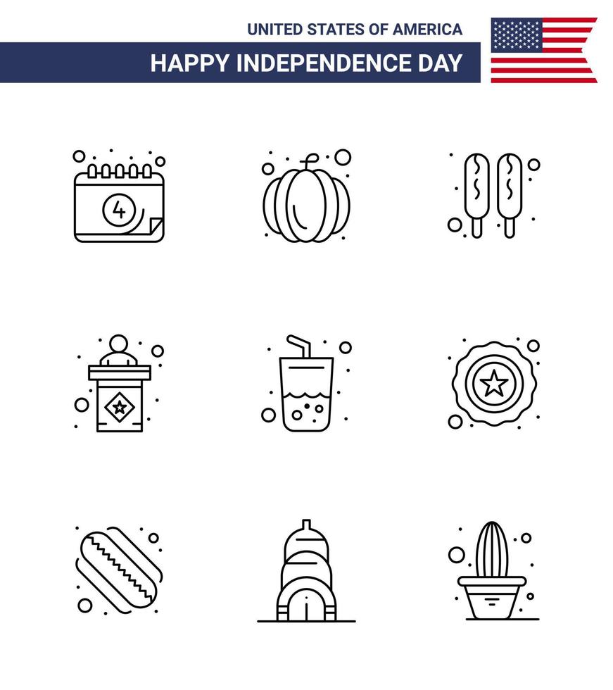 feliz paquete del día de la independencia de 9 líneas de signos y símbolos para la bebida de cola hot dog glass stage editable usa day vector design elements