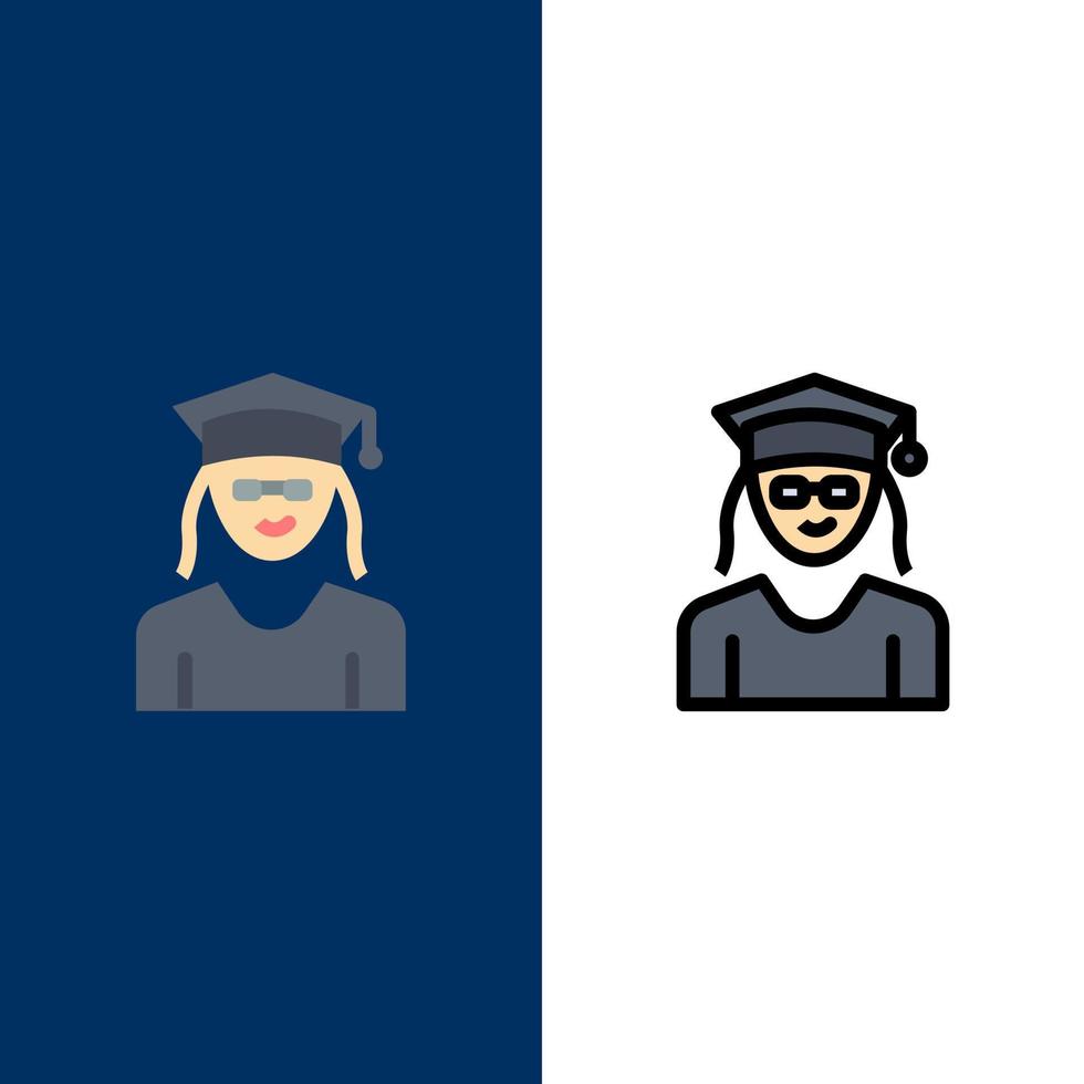 tapa educación graduación mujer iconos plano y línea llena icono conjunto vector fondo azul