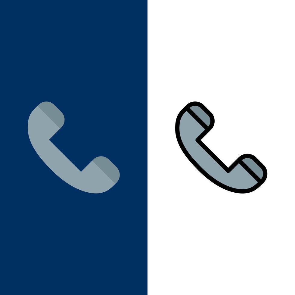 llame al teléfono de contacto iconos de teléfono plano y lleno de línea conjunto de iconos vector fondo azul