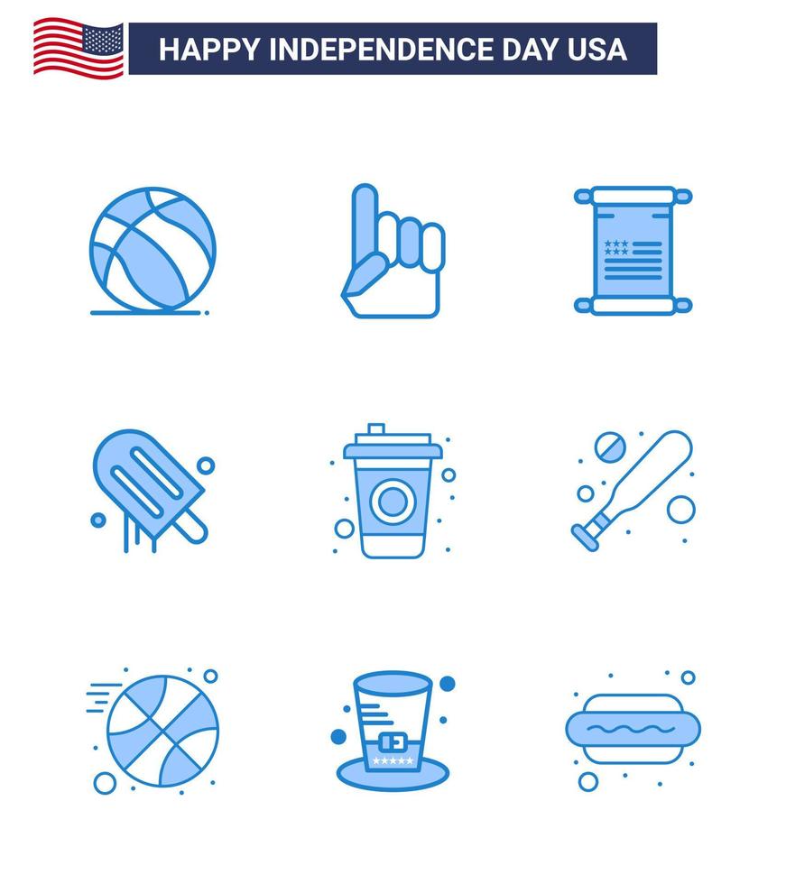 Happy Independence Day USA Pack of 9 Creative Blues of cola usa scroll american icecream Editable USA Day Vector Design Elements