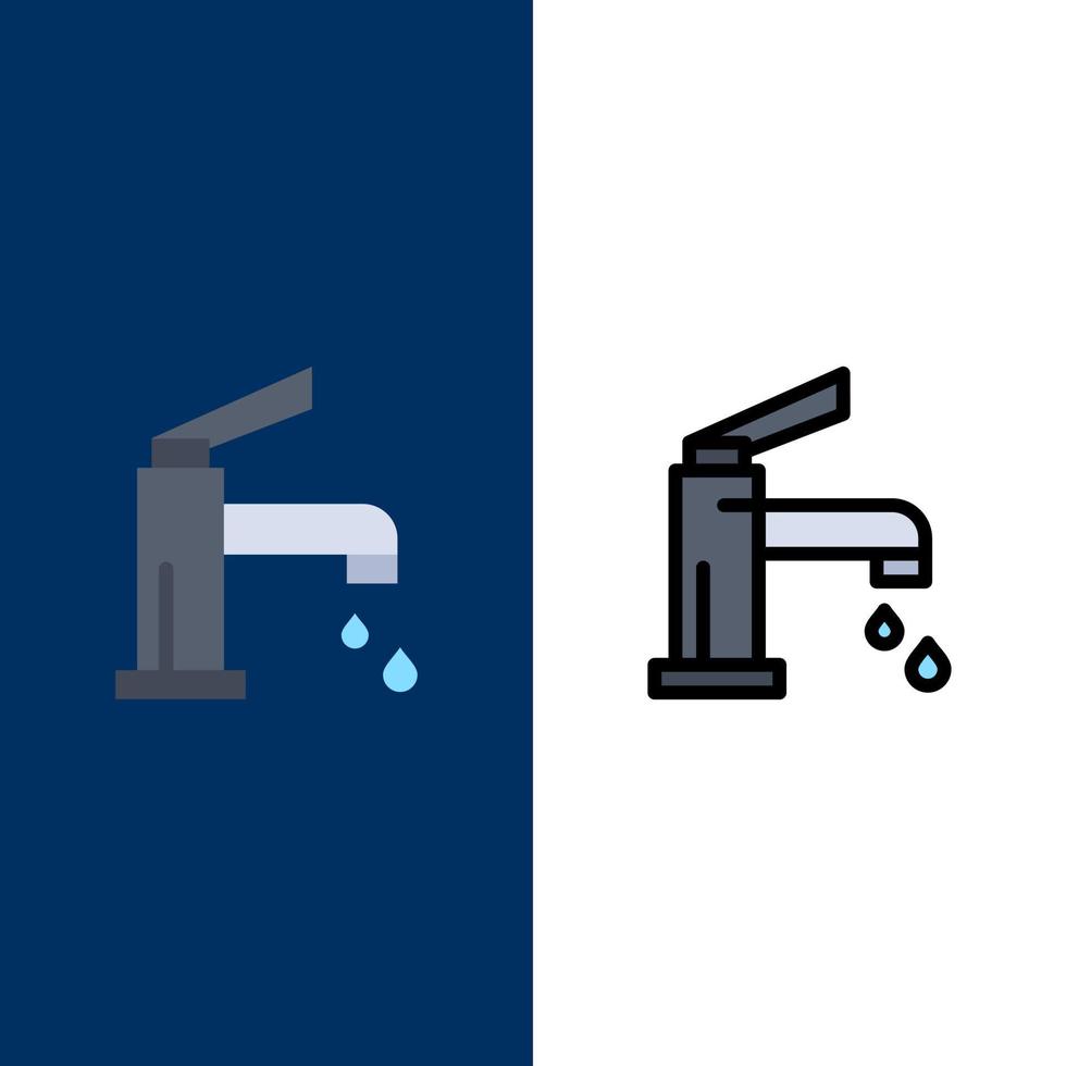 baño baño limpieza grifo ducha iconos planos y llenos de línea conjunto de iconos vector fondo azul