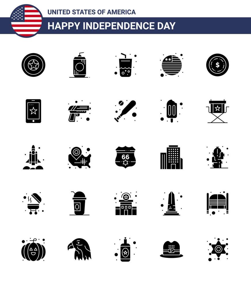 Modern Set of 25 Solid Glyph and symbols on USA Independence Day such as maony american glass international flag country Editable USA Day Vector Design Elements