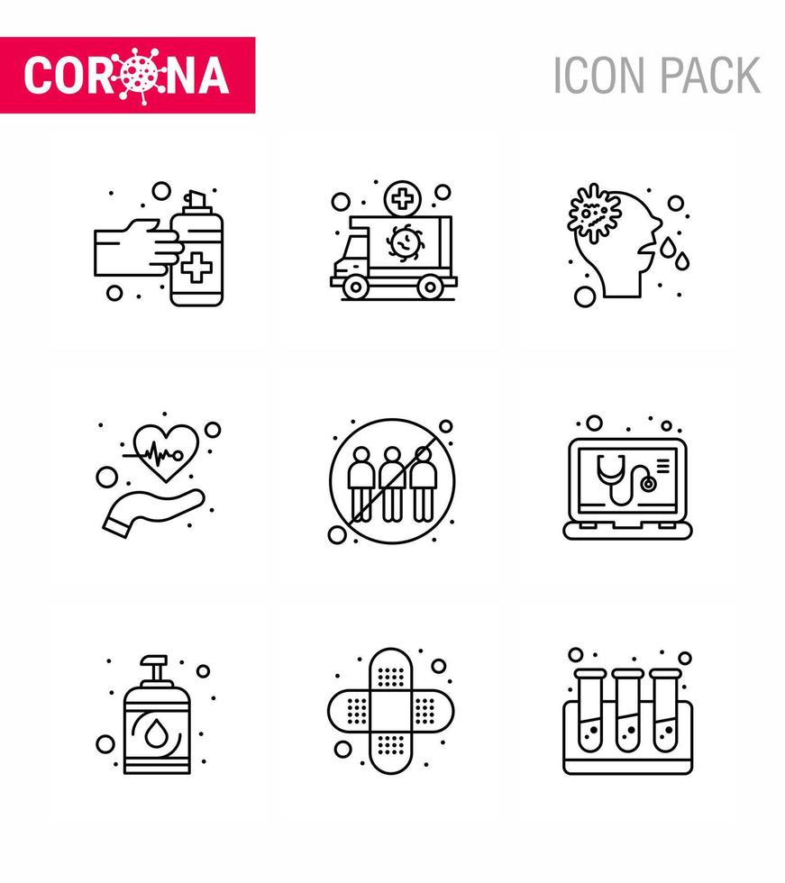 9 Line Set of corona virus epidemic icons such as pulses health vehicle care virus viral coronavirus 2019nov disease Vector Design Elements