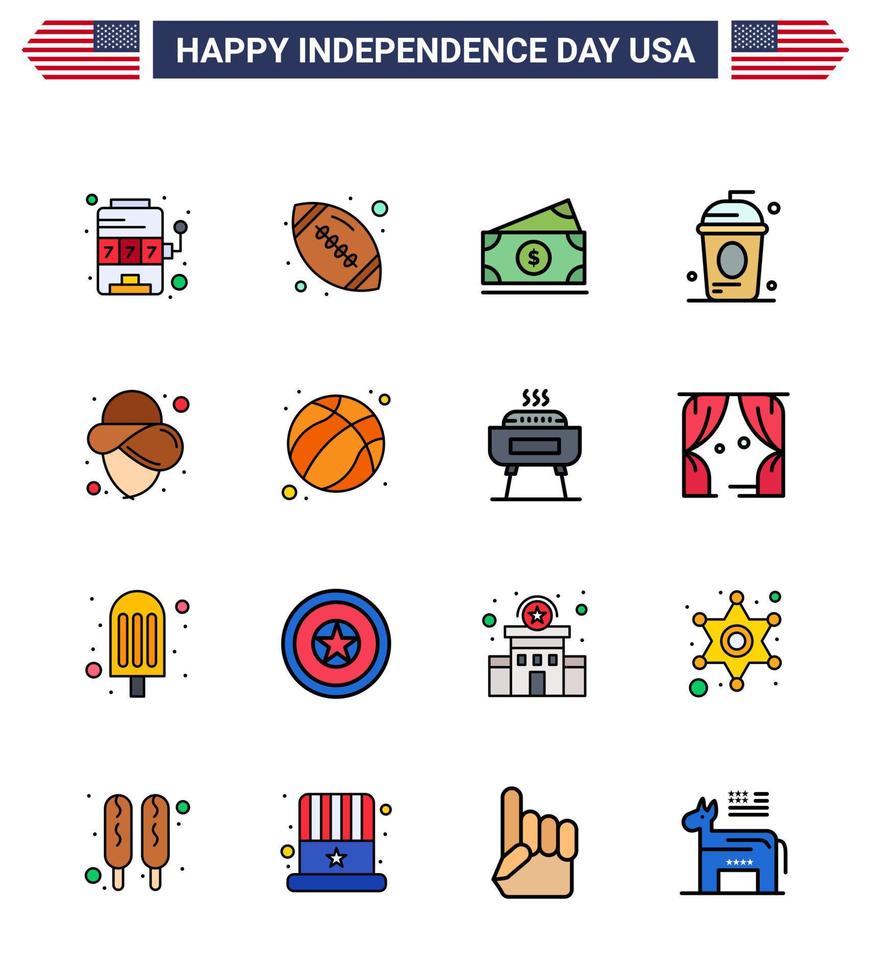 Stock Vector Icon Pack of American Day 16 Line Signs and Symbols for usa holiday dollar drink cake Editable USA Day Vector Design Elements