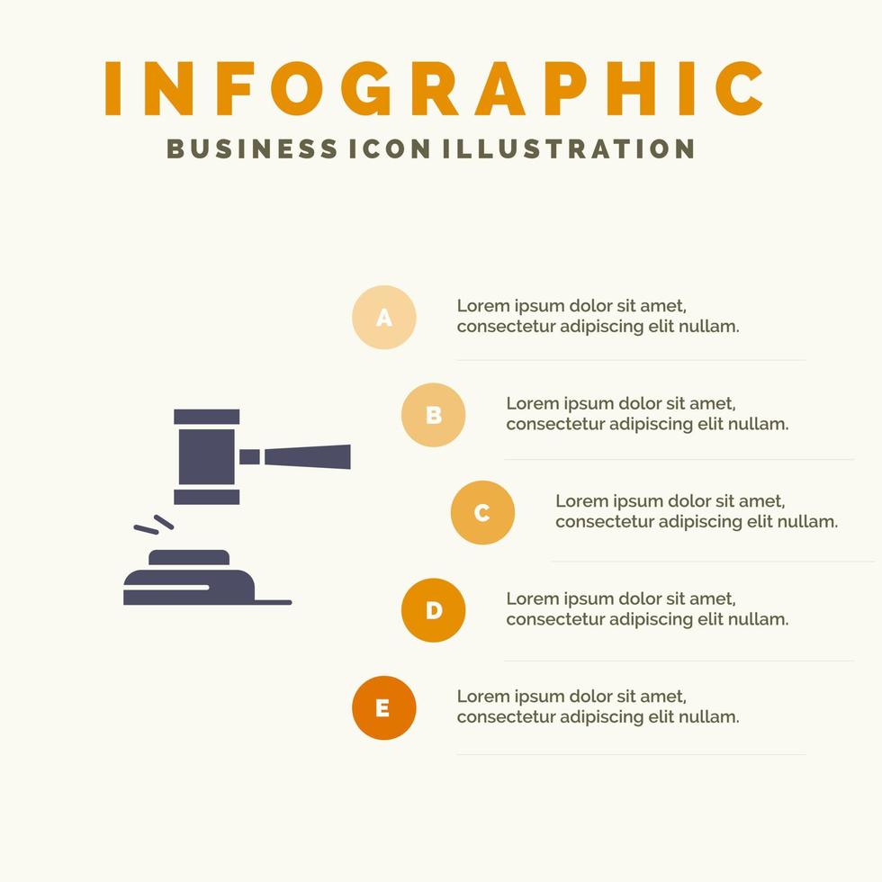 acción subasta corte mazo martillo juez ley legal sólido icono infografía 5 pasos presentación antecedentes vector