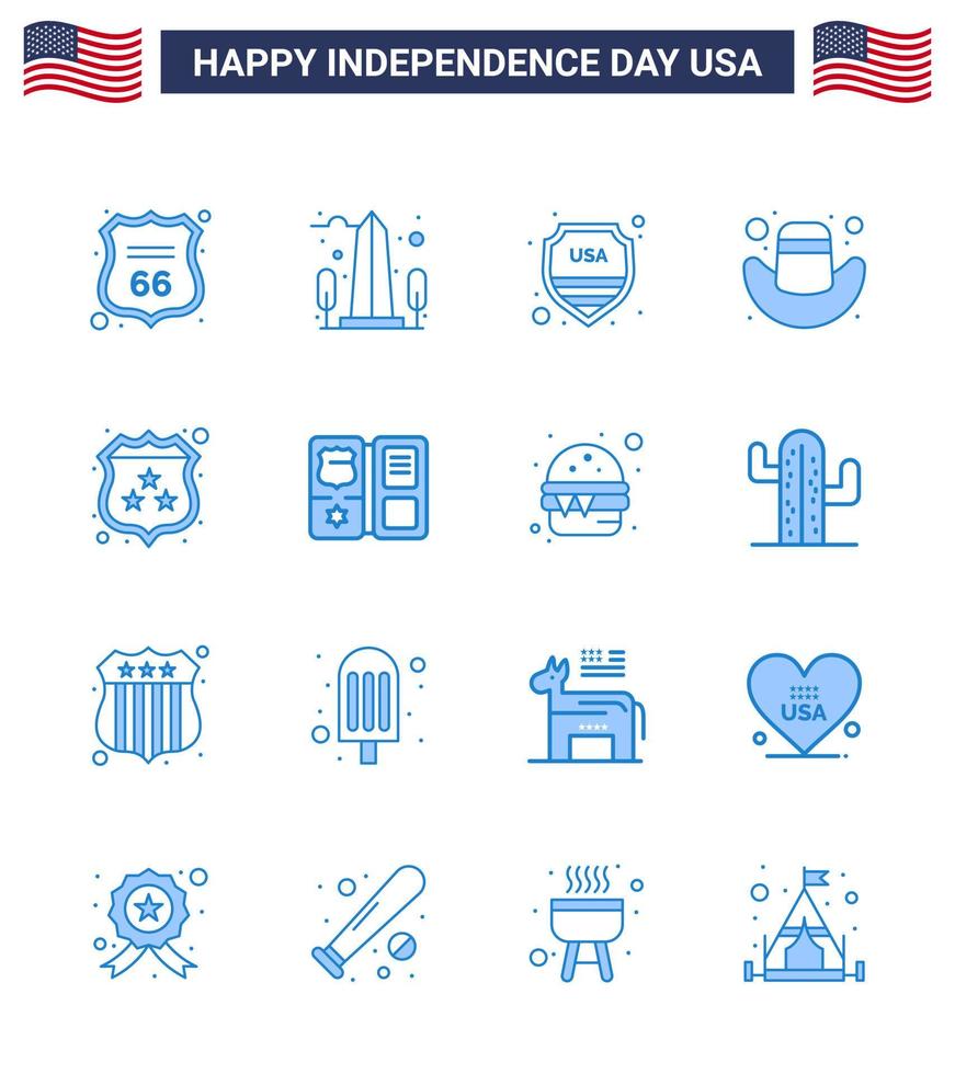 Set of 16 Vector Blues on 4th July USA Independence Day such as security hat washington cap usa Editable USA Day Vector Design Elements