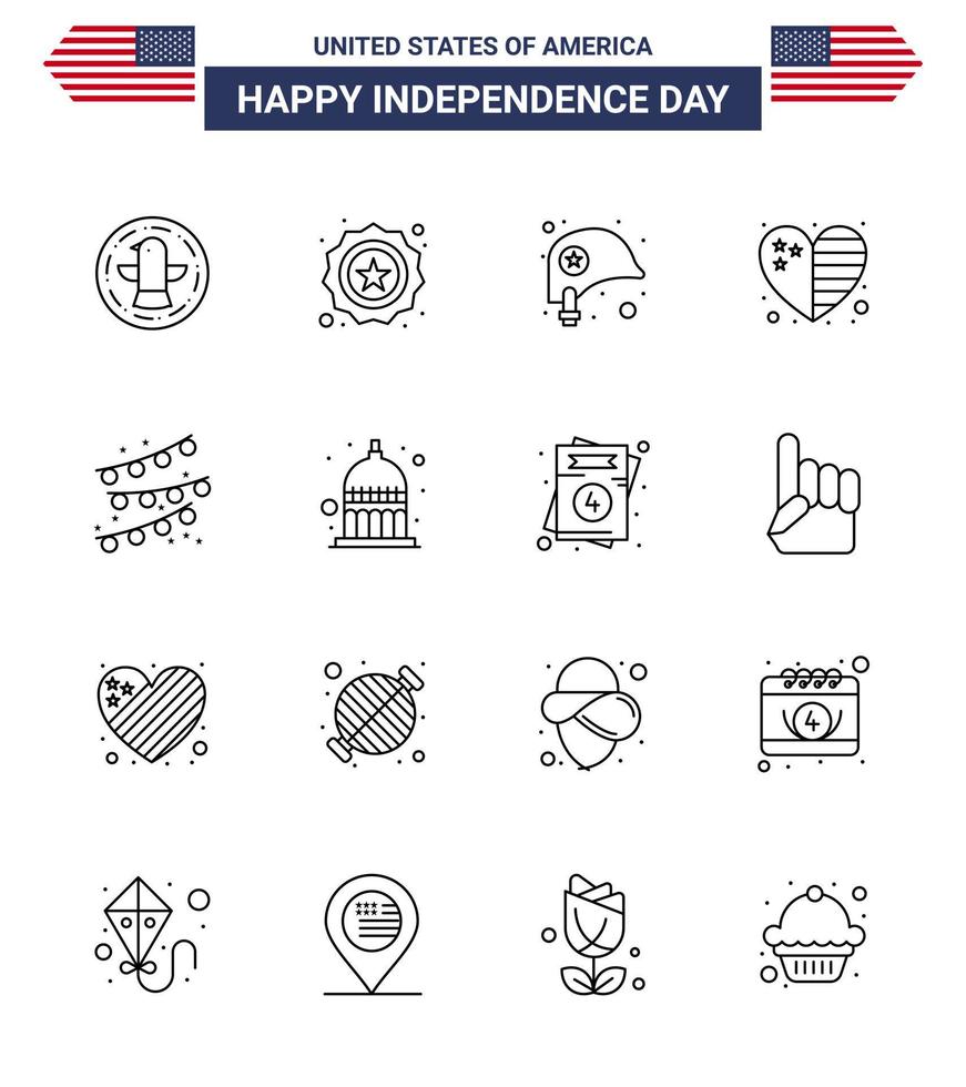 Set of 16 Modern Lines pack on USA Independence Day party decoration usa head flag heart Editable USA Day Vector Design Elements