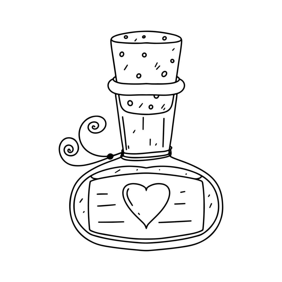 PrintLove elixir in cute bottle in hand drawn doodle style. Happy Valentines Day. Vector illustration of love potion.