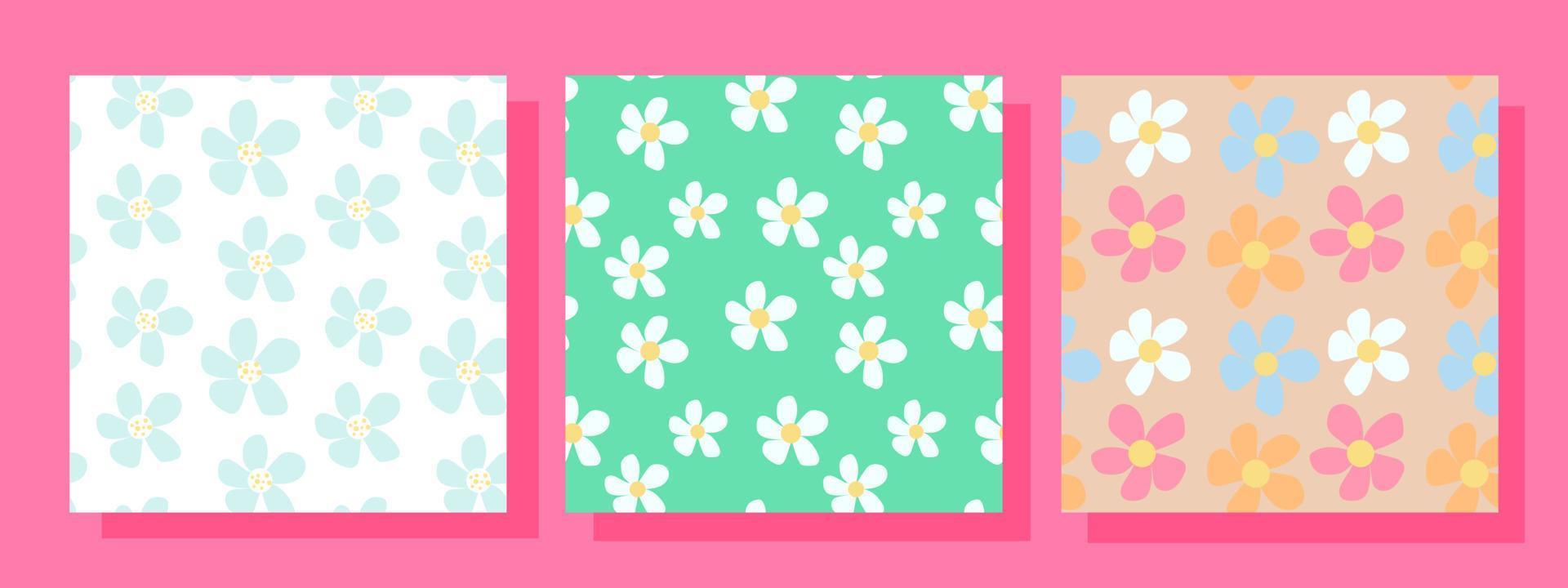 Set of three abstract square seamless patterns with vintage groovy daisy flowers. Retro floral vector background surface design, textile, stationery, wrapping paper, covers. 60s, 70s, 80s style