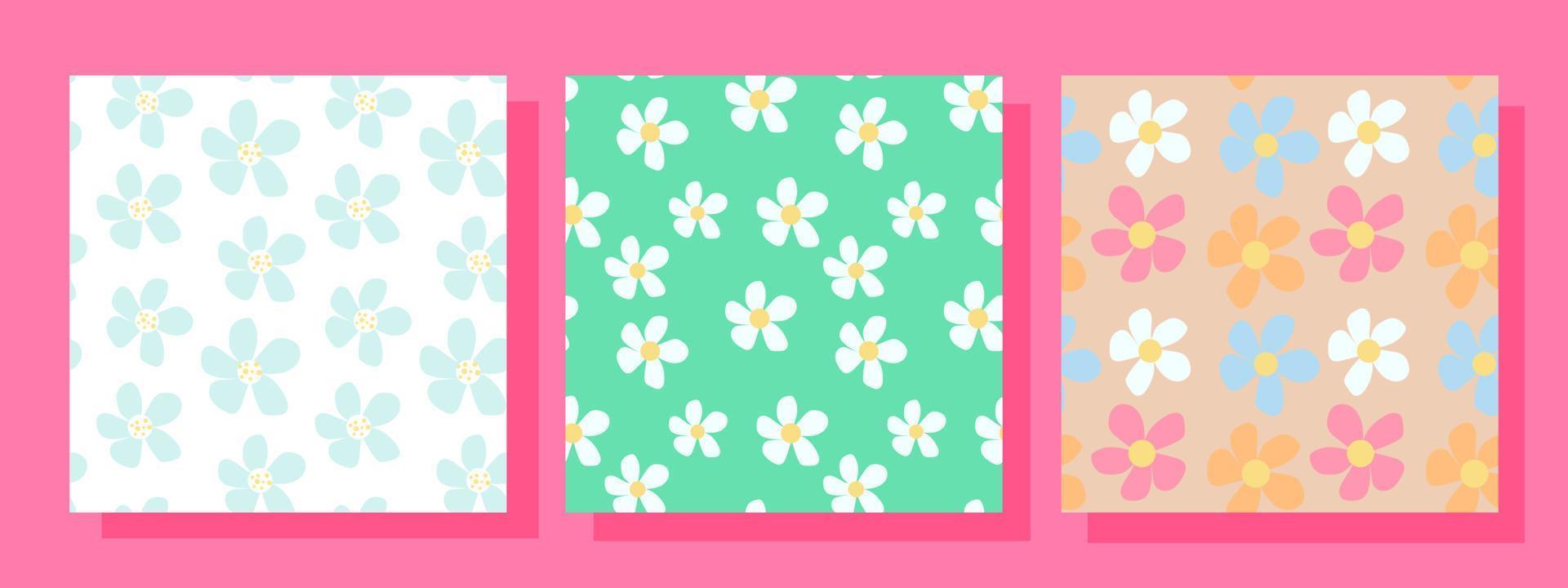 conjunto de tres patrones cuadrados abstractos sin costuras con flores de margarita maravillosas vintage. diseño de superficie de fondo de vector floral retro, textil, papelería, papel de regalo, cubiertas. estilo años 60, 70, 80