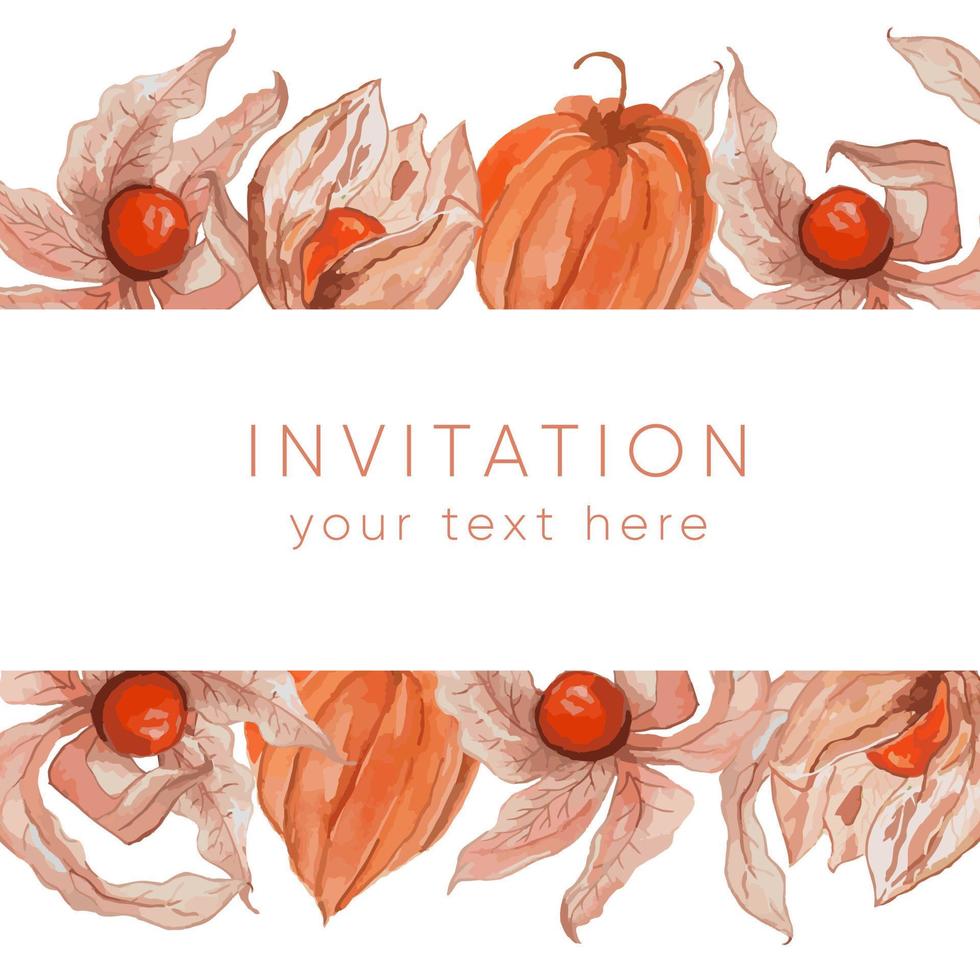 Physalis watercolor frame with space for text, Vector illustration for wallpaper, wrapping paper, textile, cosmetic, package design, background tea, cover page book