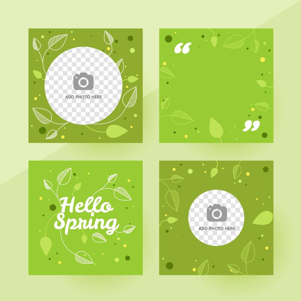 Hello spring social media post template with green leaves pattern. Editable template with a place for a picture. Vector illustration