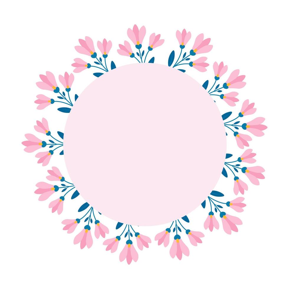 Floral frame, Pink flowers around a pink circle, Vector pattern with magnolia twigs