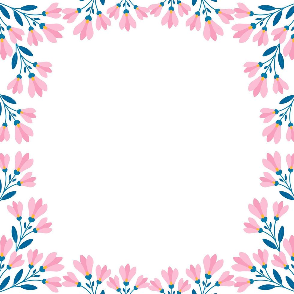 Square floral border, Twigs with pink flowers and leaves in flat style. Vector frame template