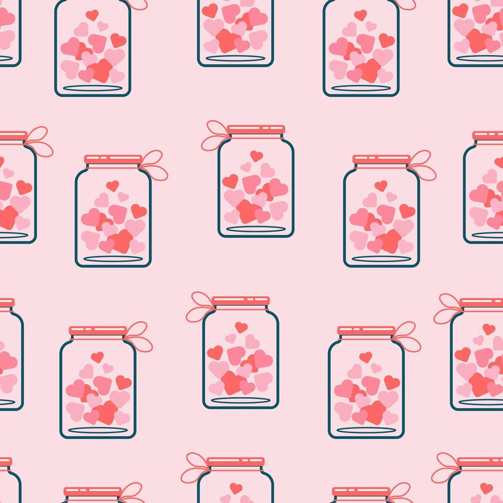 Jars of different shapes filled with hearts and stars seamless pattern. Vector background