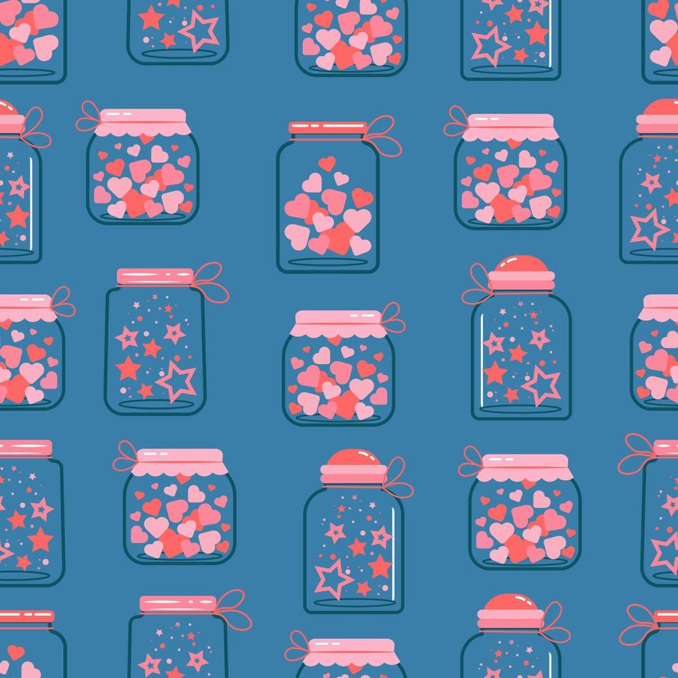 Jars of different shapes filled with hearts and stars seamless pattern. Vector blue background