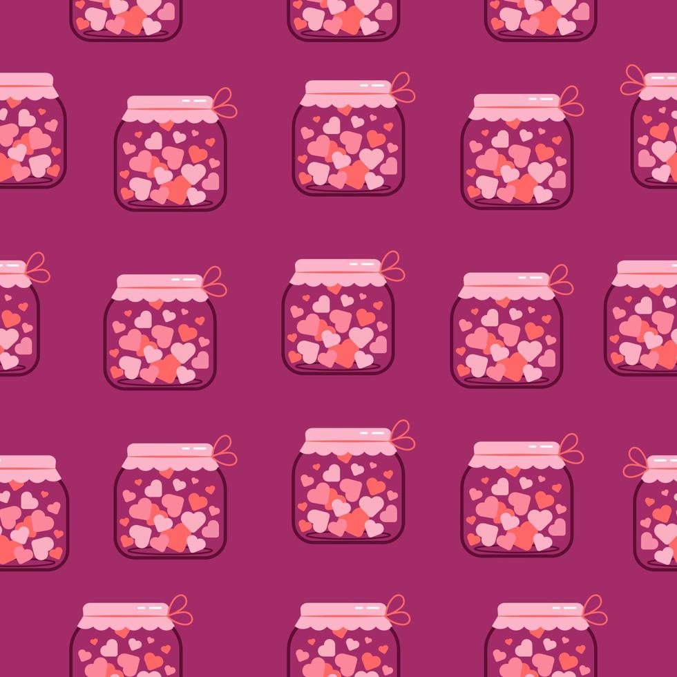 Jars of different shapes filled with hearts and stars seamless pattern. Vector background