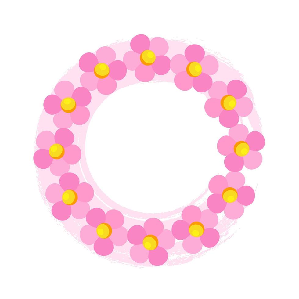 Vector frame of pink daisies. Pink flowers in a circle on an abstract pink background. A frame for children's photos