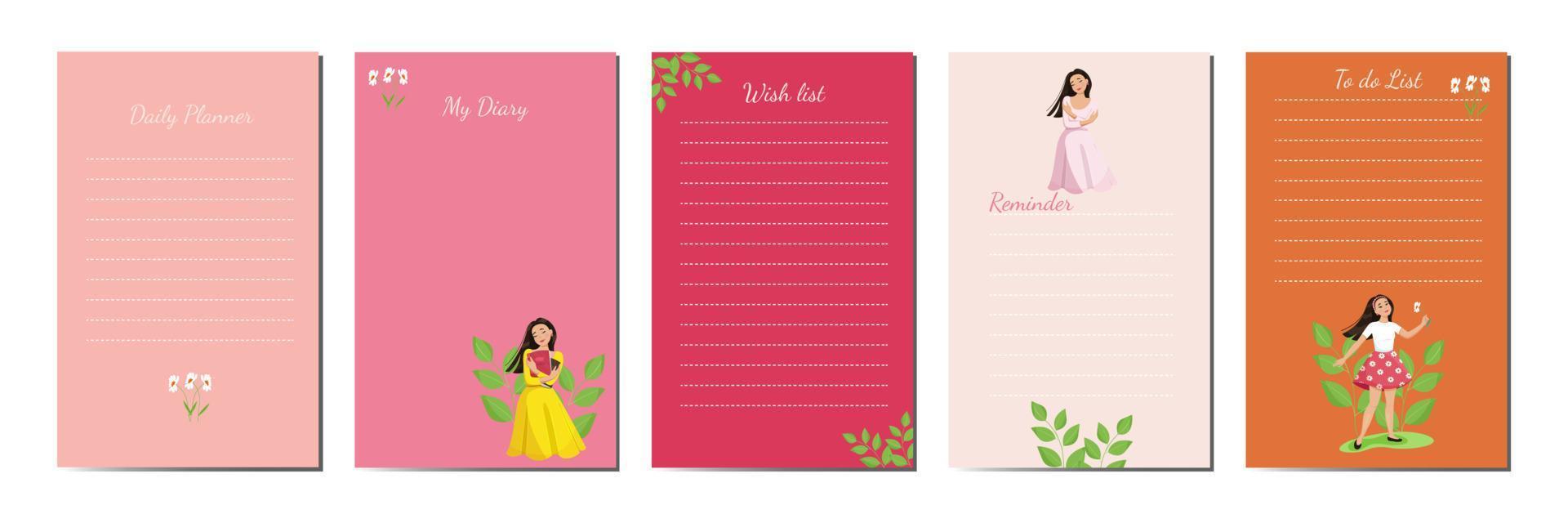 Personal diary templates. Vector elegant design, a cute girl with a book in her hands