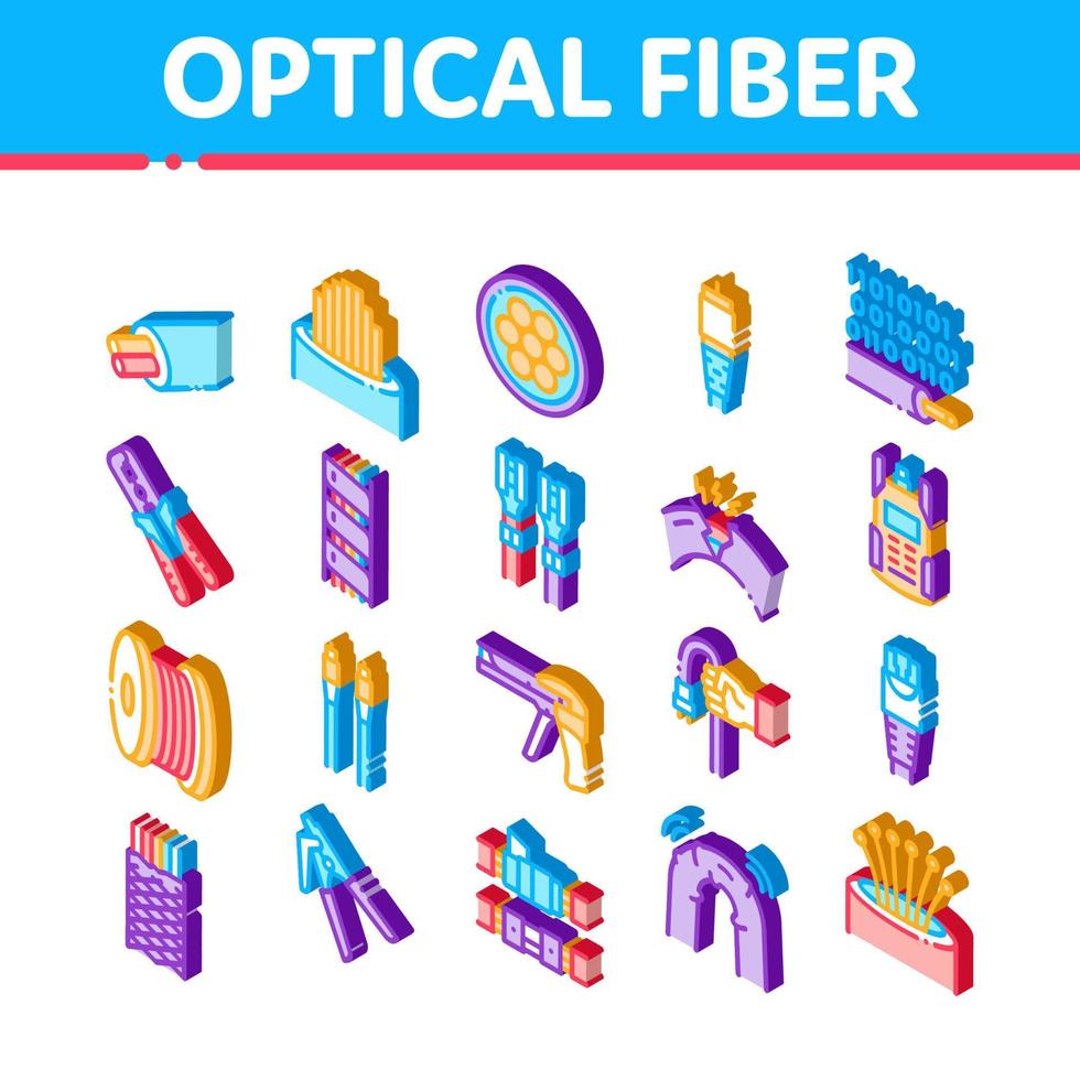 vector de conjunto de iconos isométricos de cable de fibra óptica