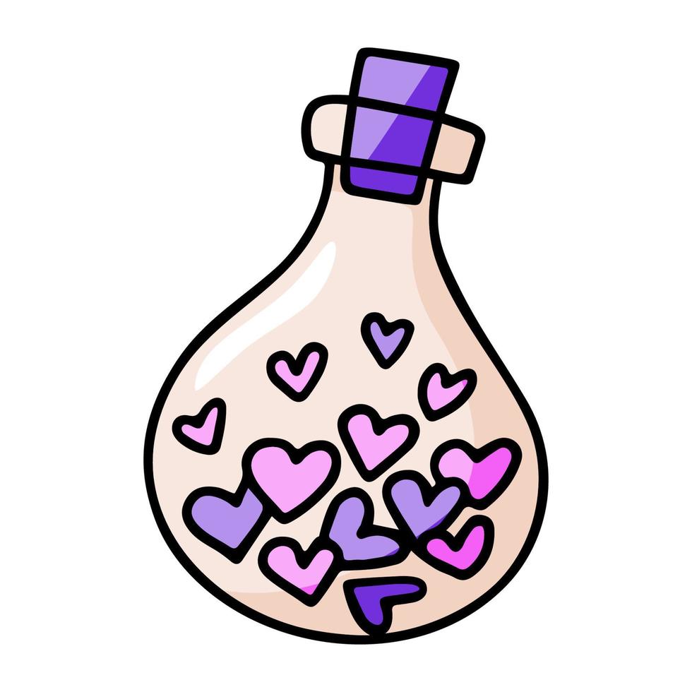 Love potion jar vector illustration. Hand drawn flask with hearts. Valentine's day romantic doodle element. Passion symbol.