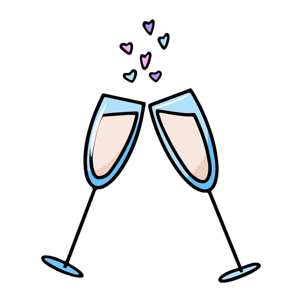 Two glasses with drink illustration. Celebrating with champagne. Party icon. Couple of glasses with hearts. Valentine's day doodle vector