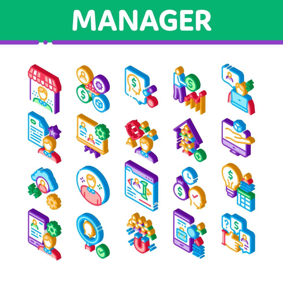 Account Manager Work Isometric Icons Set Vector