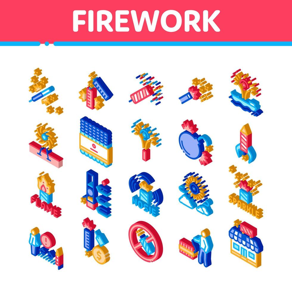 Firework Pyrotechnic Isometric Icons Set Vector