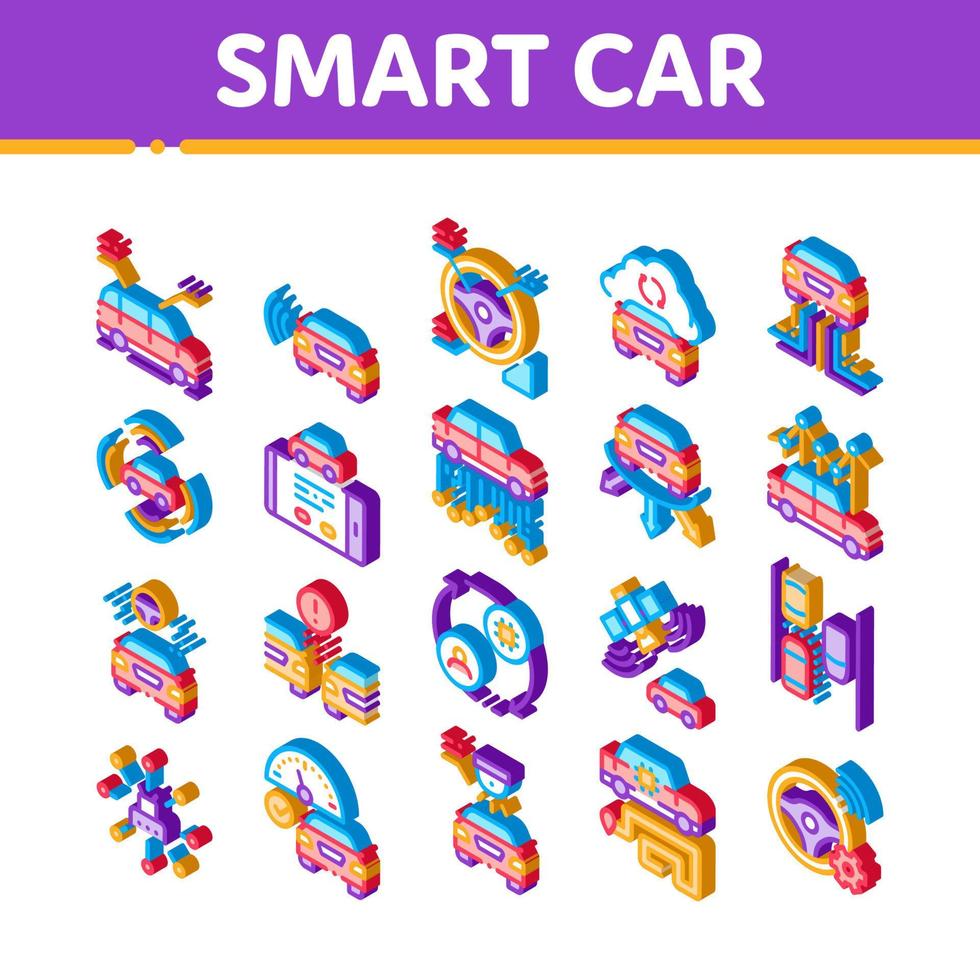 Smart Car Technology Isometric Icons Set Vector