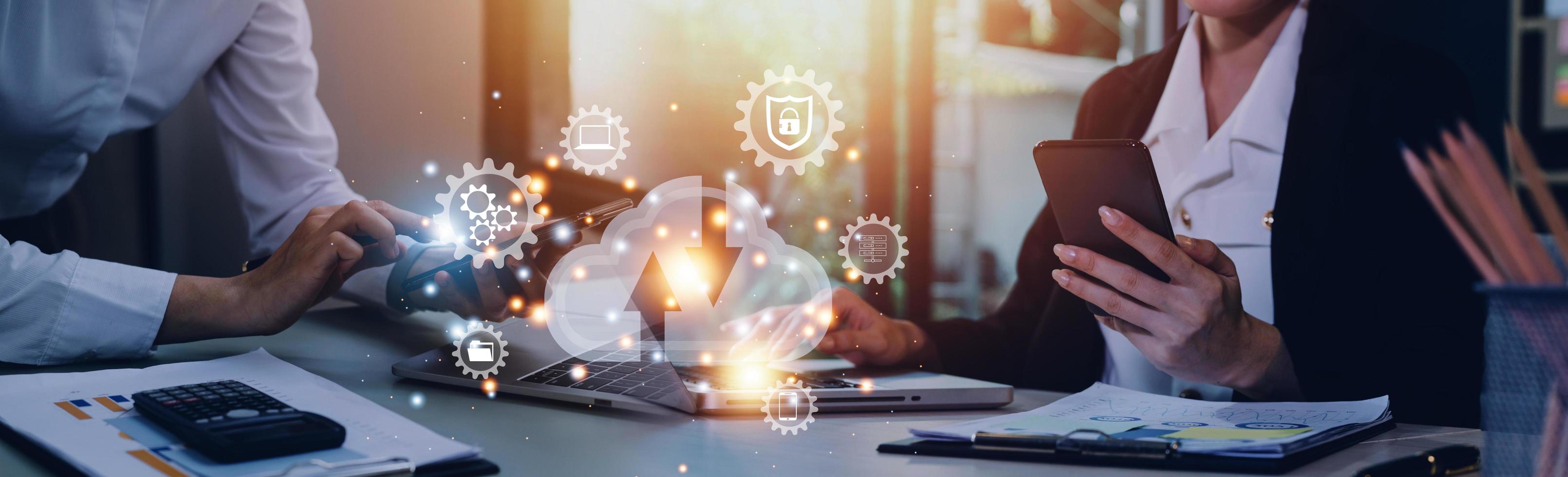 man showing virtual screen with cloud computing diagram. Cloud technology. Data storage. Networking and internet service concept. photo