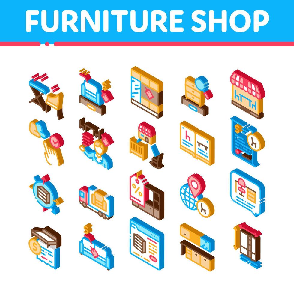 Furniture Shop Market Isometric Icons Set Vector