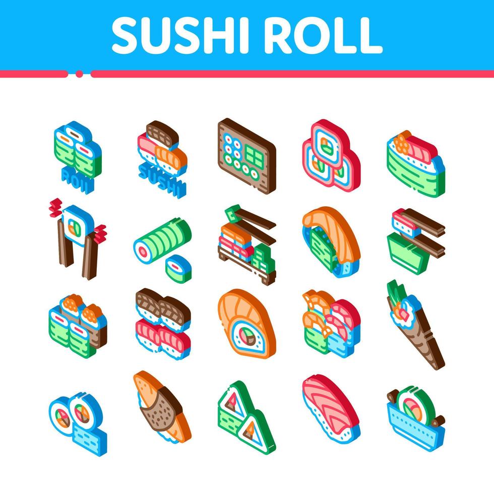 Sushi Roll Asian Dish Isometric Icons Set Vector