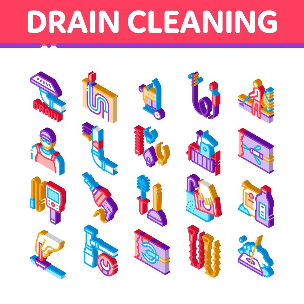 Drain Cleaning Service Isometric Icons Set Vector