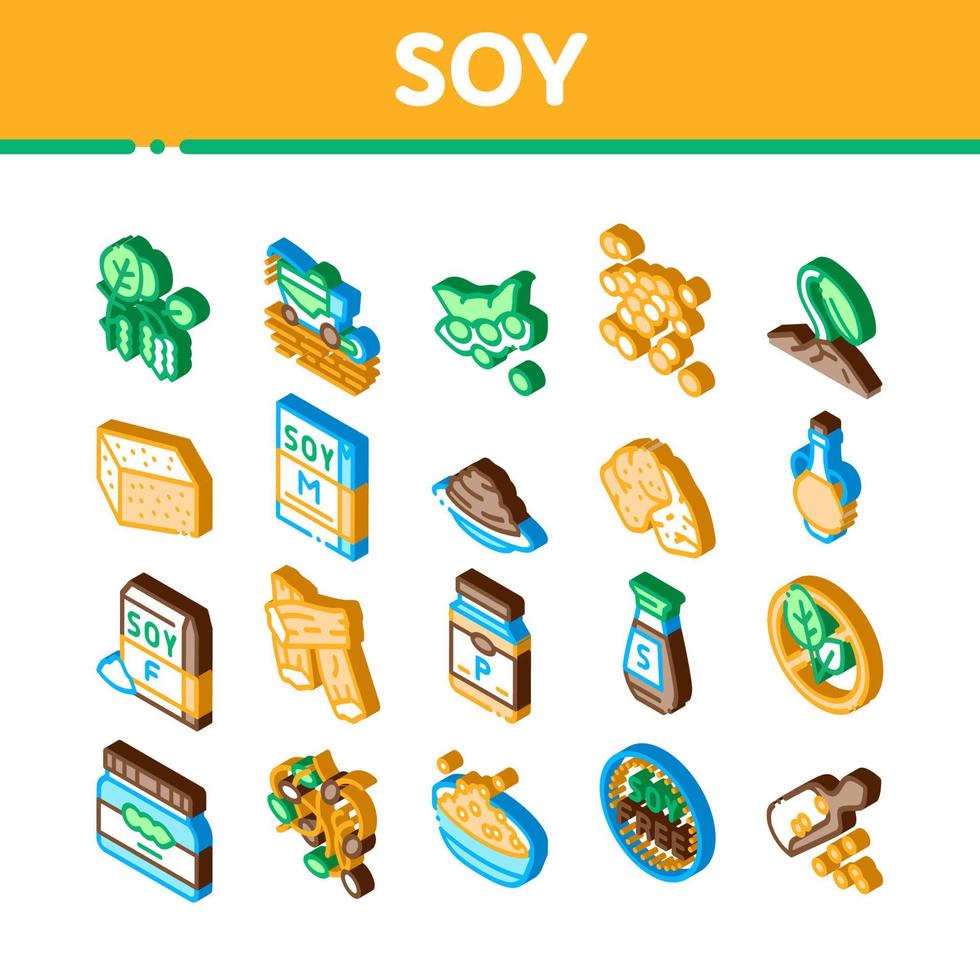 Soy Bean Food Product Isometric Icons Set Vector