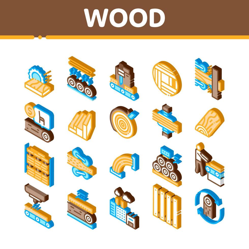 Wood Production Plant Isometric Icons Set Vector